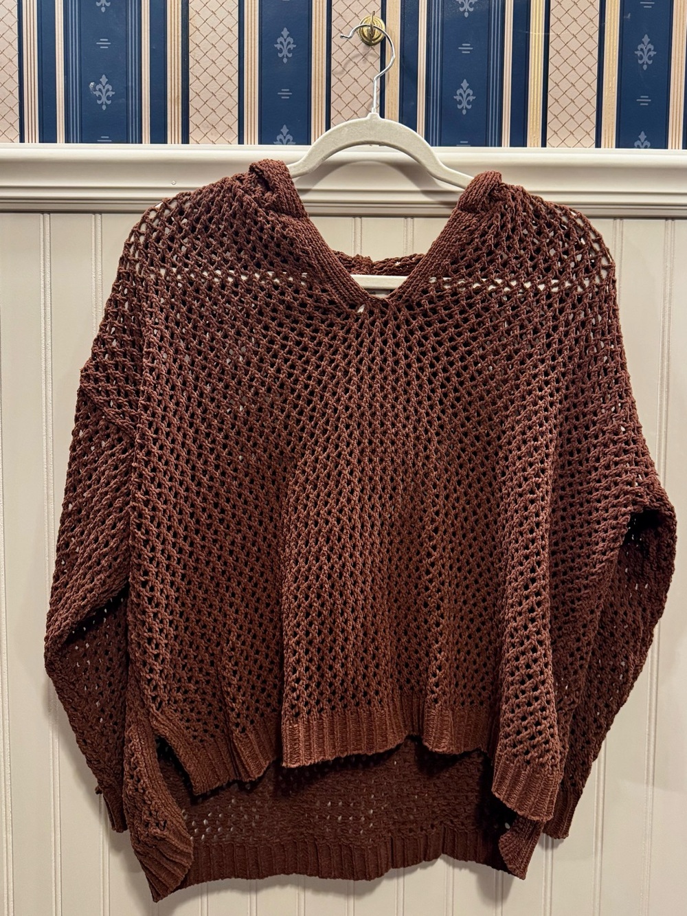 Maurices Open-Knit V-Neck Hoodie Sweater - Brown